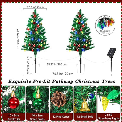 Lewondr Set of 2 Prelit Pathway Christmas Trees, 47.24" Outdoor Xmas Tree with 50 LED Strawberry Lights, Pine Cones Red Green Fruits, Solar and Type-C Powered Xmas Decor with Small Bells for Yard Home