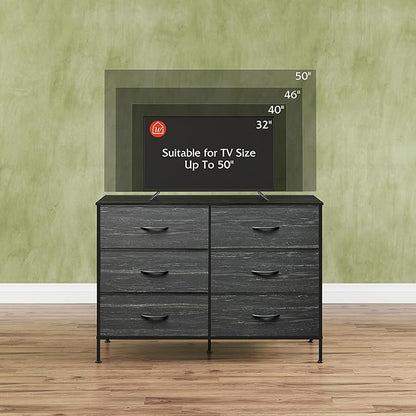 WLIVE 6 Drawer Dresser for Bedroom, Wide Fabric Dresser TV Stand for 50 Inches TV with Metal Frame, Wooden Top, Chest of Drawers, Dressers for Living Room, Hallway, Charcoal Black Wood Grain Print