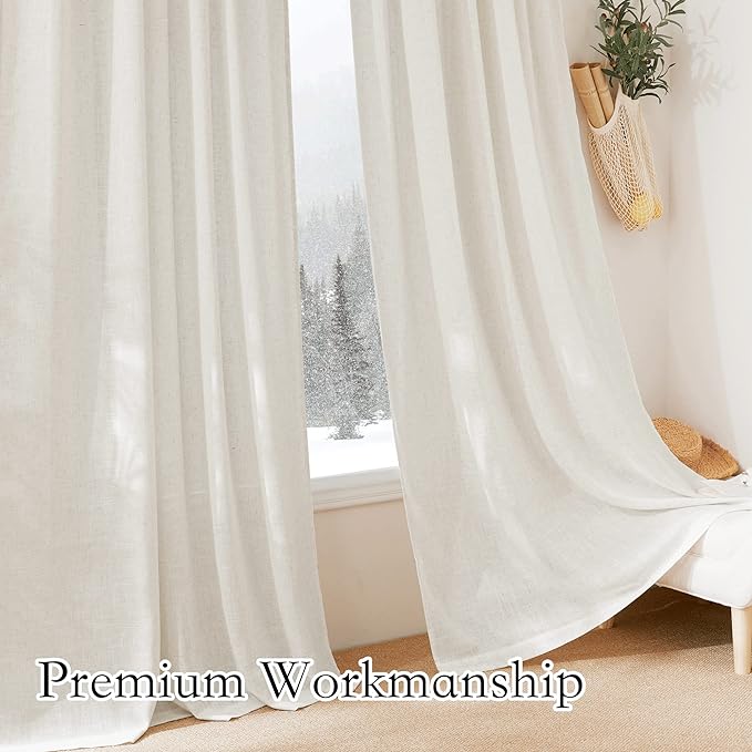 RYB HOME Linen Sheer Curtains - Flax Linen Woven Privacy Semi Sheer Drapes Light Filtering Glare Control Short Small Window Curtains for Kitchen Closet Cafe, W 52 x L 45 Inches, 2 Panels