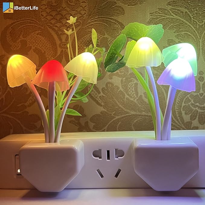 iBetterLife LED Smart Sensor 0.6W Color Changing Plug-in Night Lights for Kids Adults Cute Mushroom Bedroom Home Decor Light Wall Lamps