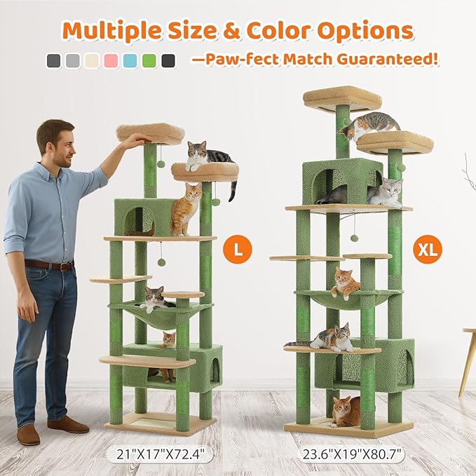 PAWZ Road Heavy Duty Cat Tree for Large Cats, 81 Inches Cactus Tall Cat Tower with 2 Perches, 2 Condos and Spacious Hammock, XL Extra Large Condo with 7 Scratching Posts for 20lb+ Adult Cats, Green-Mewly Pet