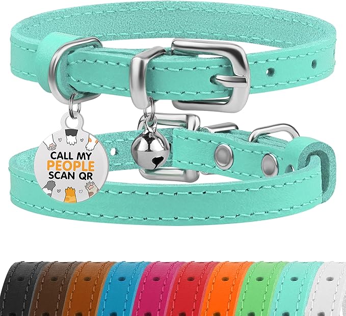 BRONZEDOG Leather Cat Collar with Removable Bells Non Breakaway Kitten QR Tag for Girl Boy (7" - 9" for Cats, Turquoise & Silver)-Mewly Pet