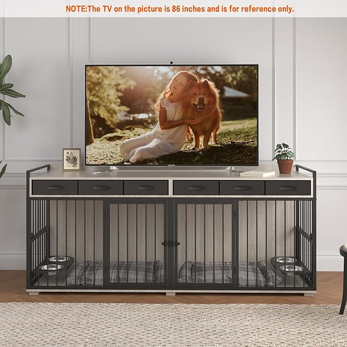 86.6inch Dog Crate Furniture with Storage,Furniture Style TV Stand Dog Kennel for 2 Dogs,with 6 Drawers,Removable Divider&Adjustable Bowls,Heavy Duty Metal Chew-Resistant Dog Crate Furniture-Mewly Pet