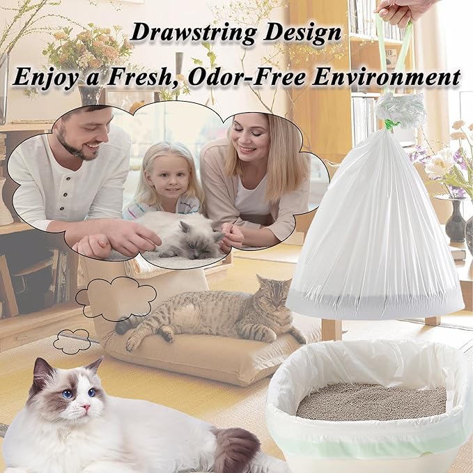 Suhaco Cat Litter Box Liners, Litter Pan Disposable Bags 2 Mil Thickened Cat Litter Liners with Drawstring Weekly 14 Large Pack Litter Bags for Easy Cleaning (L (Pack of 14))-Mewly Pet