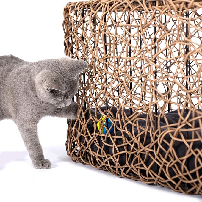 Fun Stackable Cat Condo for Indoor Cats - Interactive Play Faux Rattan Cat House for Indoor Cats Kitty, Pet Friendly Top/Side House Entry, Cat Bed Enclosed-Mewly Pet