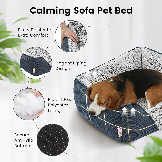 Miguel Washable Dog Bed for Medium Small Dogs, Calming Cuddle Cat Sofa Bed with High Sides, Rectangle Cat Beds for Indoor Cats Dog Bed with Anti-Slip Bottom, Blue 25 Inch-Mewly Pet
