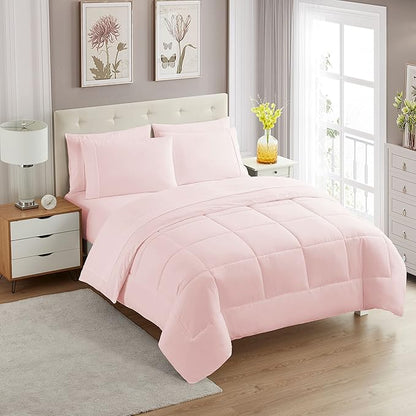 Sweet Home Collection 7 Piece Comforter Set Bag Solid Color All Season Soft Down Alternative Blanket & Luxurious Microfiber Bed Sheets, Pale Pink, Queen