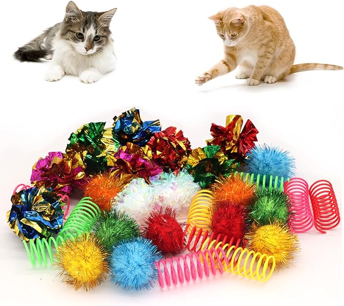 LASOCUHOO Cat Toys, 30 Packs Interactive Cat Toy Pack Including Cat Crinkle Balls, Cat Sparkle Balls, Spiral Springs for Most Cats-Mewly Pet