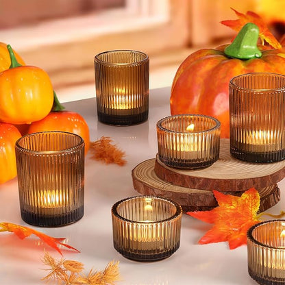 20pcs Ribbed Amber Votive Candle Holders, Assorted Glass Tea Light Candle Holders for Fall Decor, Amber Candle Holders for Wedding Centerpieces, Thankgiving and Christmas Decorations
