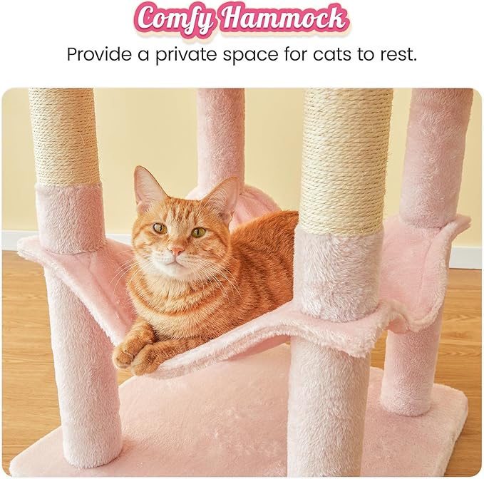MWPO 63.8-Inch Pink Cat Tree for Indoor Cats, Multi-Level Cat Tower with Sisal-Covered Scratching Posts, Padded Platform, Hammock, Dangling Toys, Stable Cat Condo Pet Play House-Mewly Pet