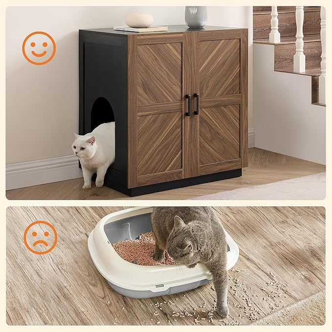 unipaws Cat Litter Box Enclosure with Shelves, Tall Hidden Litter Box Cover for Tall or Top Entry Litter Box, Kitty Enclosed Litter Box Cabinet, Cat Box Furniture, Walnut-Mewly Pet