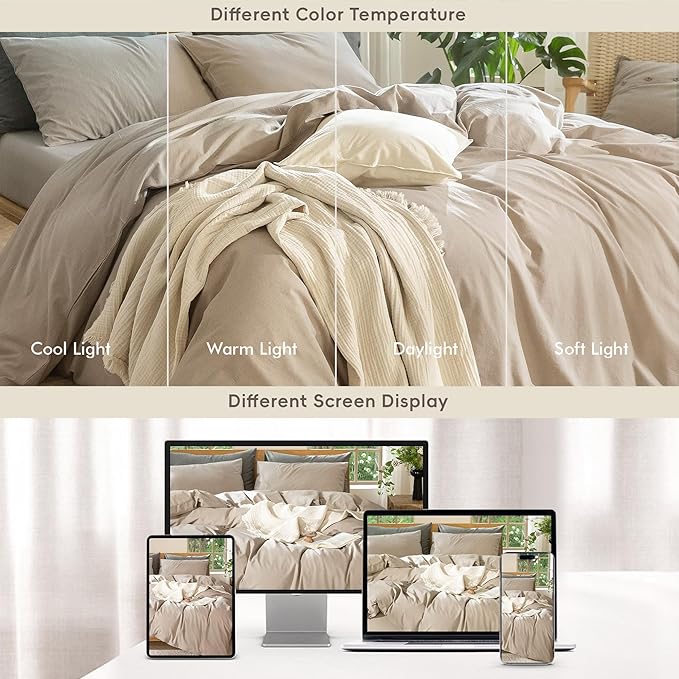 MooMee Bedding Duvet Cover Set 100% Washed Cotton Linen Like Textured Breathable Durable Soft Comfy (Heathered Taupe, Cal King 104"x98")