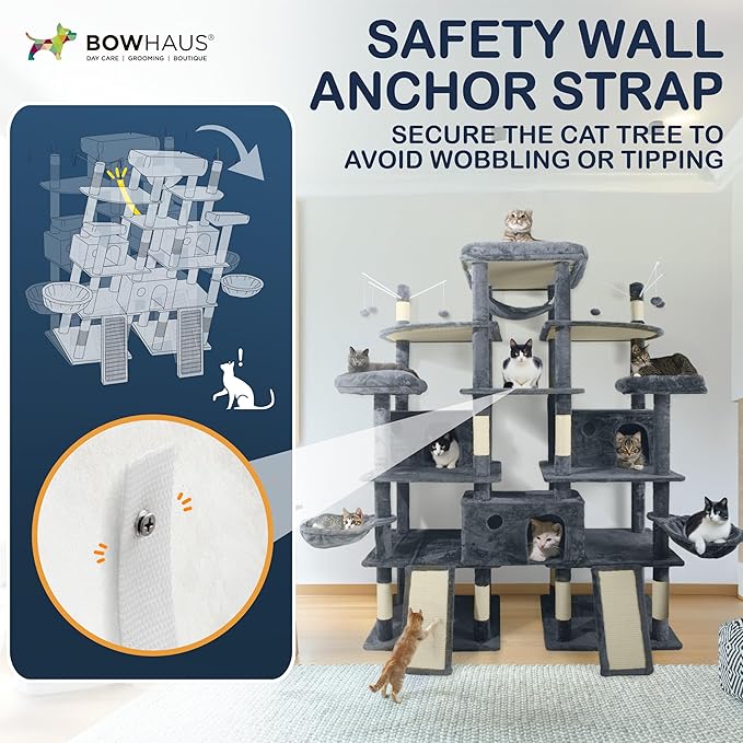 Extra Large 80-Inch Tall Cat Tree w/Widened Perch for Large Cats, Big Cat Tower Indoor, Modern Multi-Level Activity Tower with Scratching Posts, Condos, Baskets, Hammock, Scratching Ramps-Mewly Pet