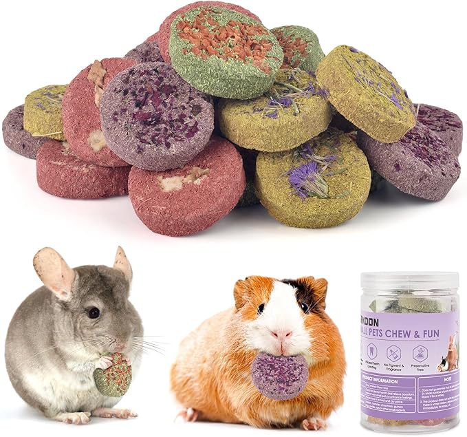 ERKOON 24Pcs Bunny Chew Toys, Small Animal Molar Toys Timothy Grass Beet Sweet Potato Pumpkin Cake Treats for Guinea Pig Hamster Bunny Chinchilla Gerbil, 100% Natural Rabbit Chews and Treats-Mewly Pet