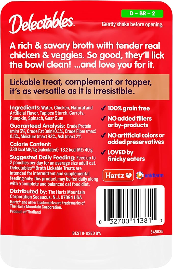 Hartz Delectables Savory Broths Chicken & Veggies Lickable Wet Cat Treats, 12 Count-Mewly Pet