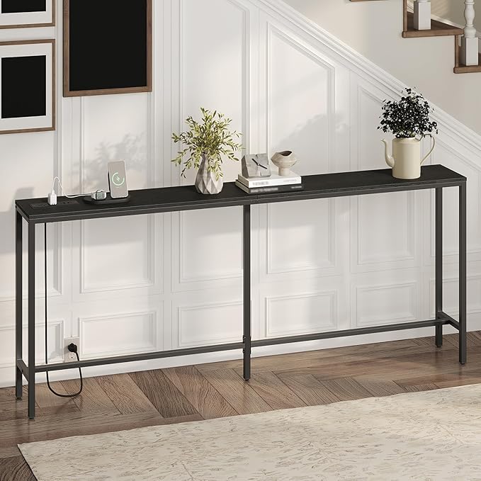 78.7" Console Table with Power Outlet, 11.8" Wide Narrow Sofa Table, Industrial Entryway Table with USB Ports, Behind Couch for Entryway, Hallway, Foyer, Living Room, Black CTBK320E01