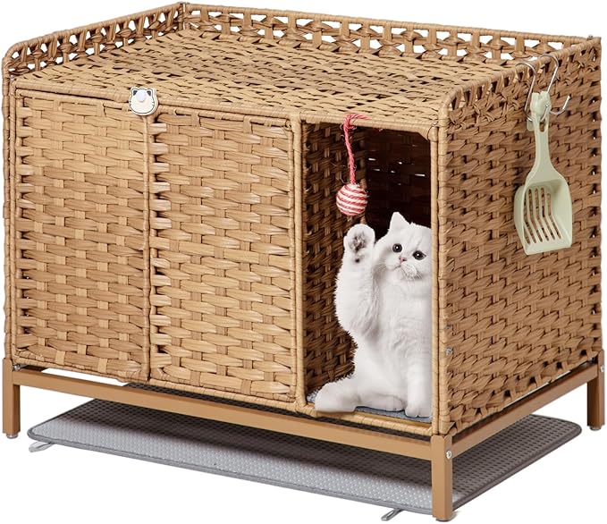 Cat Litter Box Enclosure Furniture with Divider, Handwoven Rattan Litter Box with Mat, 31.2 x 19.6 x 24.2 Inches, Metal Heightened Feet, Hidden Cat House for Living Room, Bedroom (Natural)-Mewly Pet
