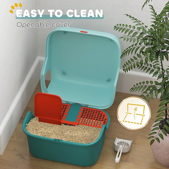 PawHut Cat Litter Box with Lid, Covered Kitty Litter Box Enclosure with Scoop, Openable & Lockable Cover, Easy to Clean, Green-Mewly Pet