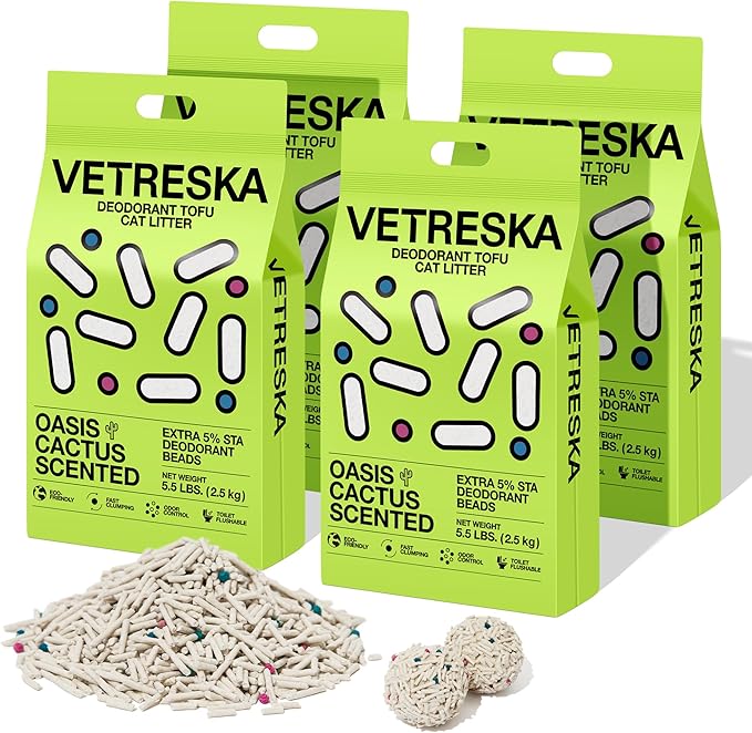 VETRESKA Tofu Cat Litter, Natural Strong Clumping Flushable Litter Pellets, Ultra Water Absorbent Deodorant Tofu Litter, Dust-Free Low Tracking Cat Litter, Cactus(5.5lb×4bags)-Mewly Pet