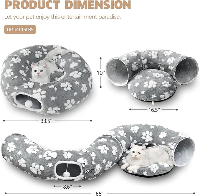 Cat Tunnel for Indoor Cats, Cute Peekaboo Cave with Dangling Balls, Pet Donut Tunnel Bed with Circle Mat for Puppy Kitten Rabbit, Grey-Mewly Pet