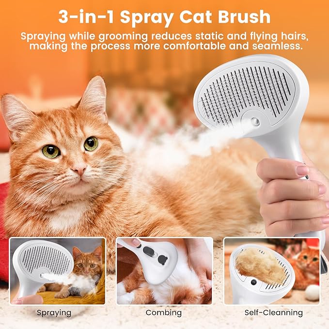 3 in 1 Cat Steam Brush for Cats & Dogs, Pet Spray Hair Removal Comb for Shedding & Grooming, Rechargeable Water Brush for Long & Short Haired Pets with Release Button(White)-Mewly Pet