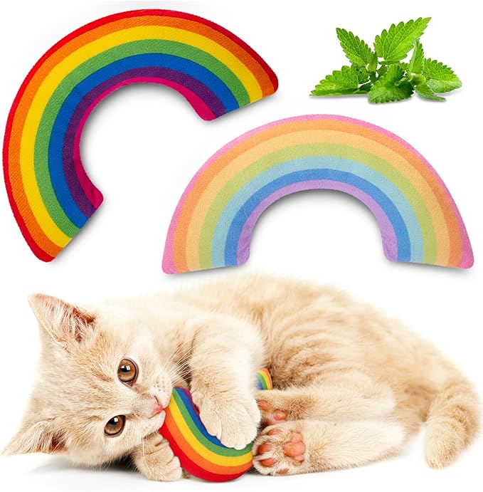 Cat Toys Rainbow Pillows, Catnip Toys for Indoor Cats Kitten, Soft and Durable, Interactive Cat Nip Chew Teeth Toy Kitty Kicker Toys 2 Pack-Mewly Pet