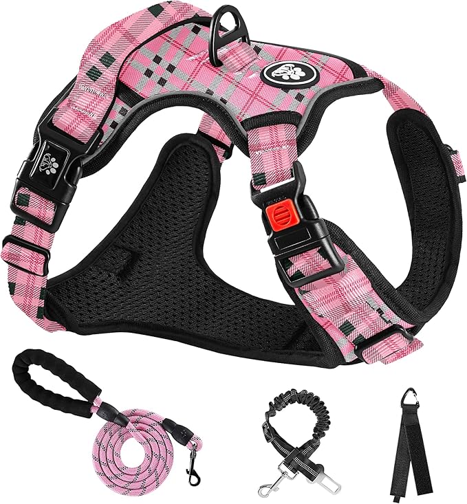 NESTROAD No Pull Dog Harness with Leash, Reflective No Choke Pet Vest Harness,Adjustable Soft Padded Dog Harness with Easy Control Handle for Large Dogs(Checkered Pink,X-Large)-Mewly Pet