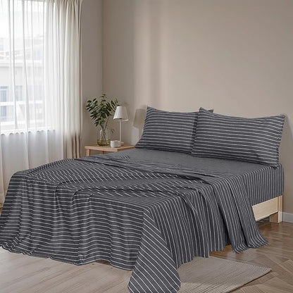 RUVANTI Flannel Sheets Queen Size - 100% Cotton Double Brushed Bed Sheets, Deep Pockets 16 Inches Queen Sheet Set, All Seasons Breathable & Extra Soft - Warm & Cozy, 4 Piece, Pinn Stripe