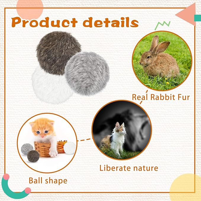 LEIFIDE 12 Pieces Real Rabbit Fur Pom Pom Kitty Cat Toy Fluffy Cat Balls Soft Fuzzy Balls for Kitty Pets Kitten Chase Quiet Play, 3 Inches in Diameter(Gray, Coffee, White)-Mewly Pet