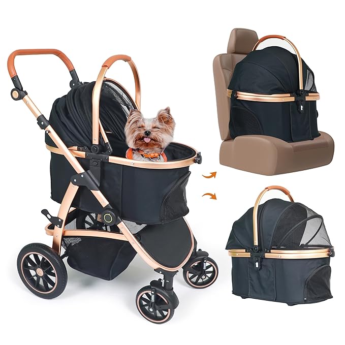 3 in 1 Pet Stroller - Stroller for Small to Medium Dogs and Cats up to 55 lbs, with Detachable Carrier/Car Seat, Foldable and Lightweight, Detachable Cushion + Cup Holder (Black/Gold)-Mewly Pet