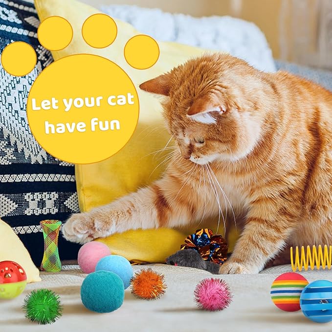 Kitten Toys, 60PCS Cat Balls Springs Toy Set, Cat Mouse Toy, Kitten Sparkle Crinkle Balls Furry Soft Pom Pom-Mewly Pet