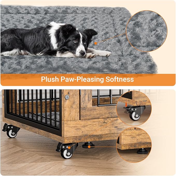 Lulive Dog Crate Furniture, Dog Kennel Indoor Double Doors Wooden Dog Cage, 38'' Heavy Duty Dog Crate with Cushion & Wheels, Decorative End Table Pet House Chew-Resistant for Large/Medium, Brown-Mewly Pet