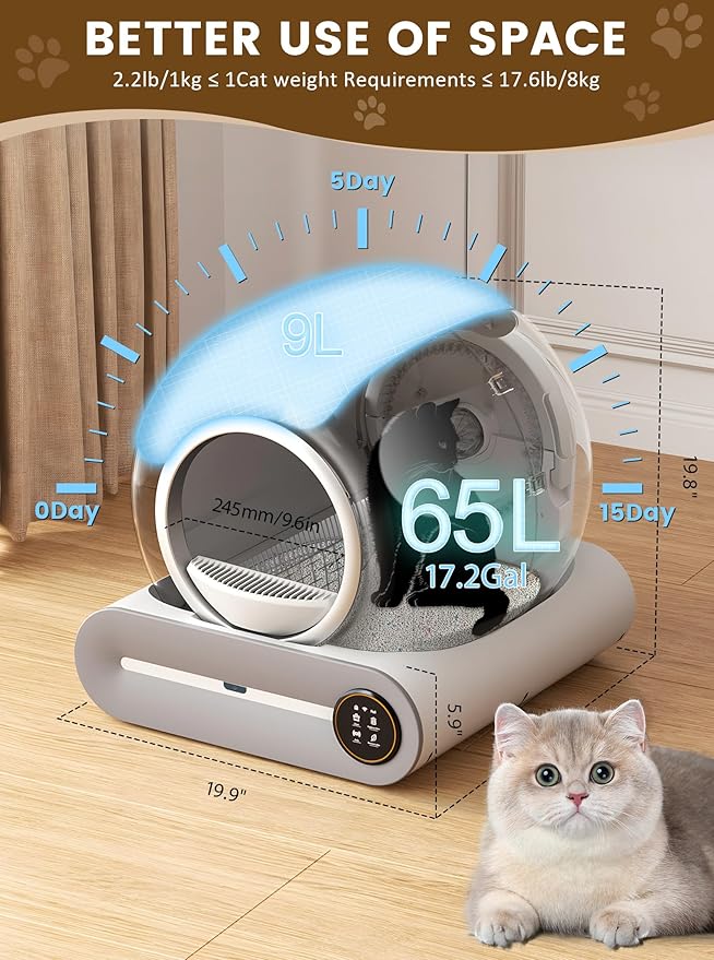 (2025) Self Cleaning Litter Box, Upgraded Robot Automatic Litter Box for Multiple Cats, 65L+9L Extra Large, Features Negative ion Sterilization and Deodorization, APP Control, 3 Rolls Litter Liners-Mewly Pet