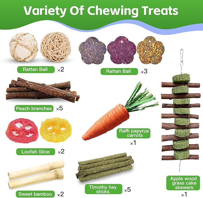 WDEFUN 21-Piece Natural Small Pet Chew Toys Set for Rabbits, Hamsters & Organic Grass Mat, Hay Sticks, Loofah Slices, Wooden Chews & More for Dental Health & Boredom Relief-Mewly Pet