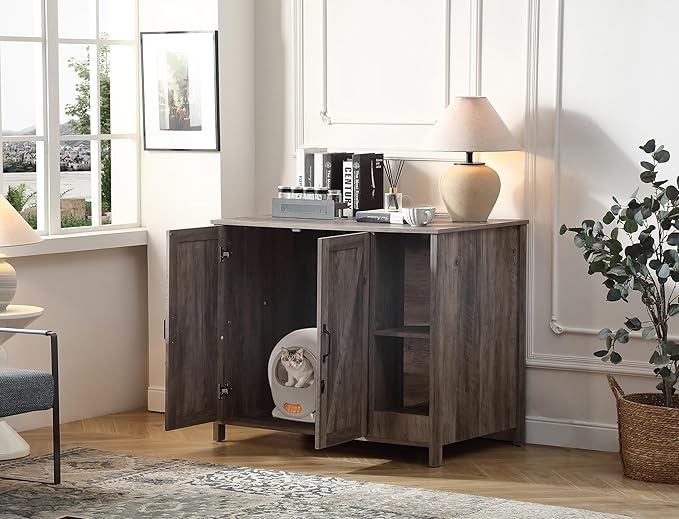 Cat Litter Robot Enclosure,Large Space for Placing Litter Robot 3/4,Power Outlet and Dog-Proof Shelf for Litter Robot Cabinet,Litter Collector for Automatic Litter Box Enclosure,Grey-Mewly Pet