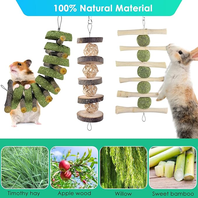ERKOON Bunny Chew Toys, Rabbit Chew Toys for Teeth Grinding, Improve Dental Health, 100% Natural Apple Wood Timothy Grass Cake Treats for Rabbits Guinea Pigs Chinchillas Bunnies Hamsters (5 Pcs)-Mewly Pet