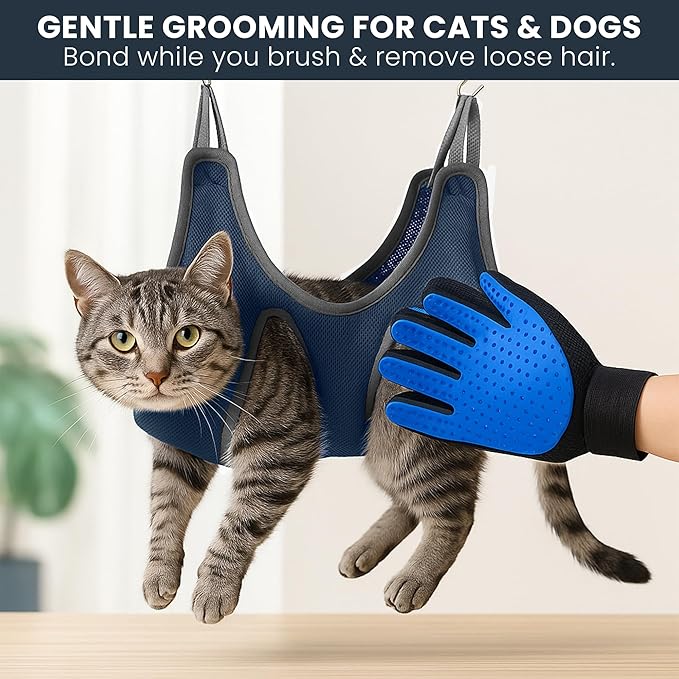 Pet Grooming Hammock Kit for Dogs & Cats, Includes Hammock Harness, Nail Clippers, Nail File, Grooming Glove, Dematting Comb, S-Hooks, Carabiners & Storage Bag for Easy Home Grooming Medium (86×52) cm-Mewly Pet