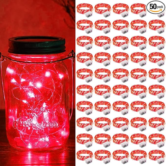 ZGWJ 50 Pack Fairy Lights Battery Operated, 7ft 20 Mini LED Fairy String Lights Silver Wire 3 Modes for DIY, Parties, Wedding, Bedroom, Halloween Christmas Decoration Red