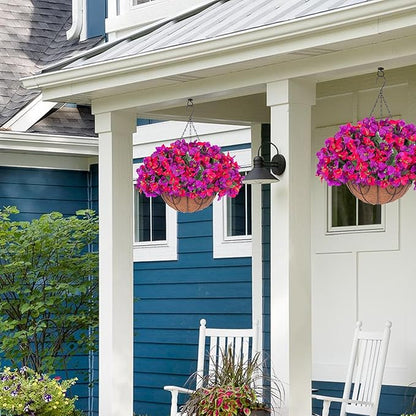 Artificial Hanging Flowers Plant with Basket for Outdoors, Fake Hanging Plants Silk Bougainvillea in Planter Look Real UV Resistant Faux Flower for Outside Porch Patio Garden Home Decor, PurpleHotpink
