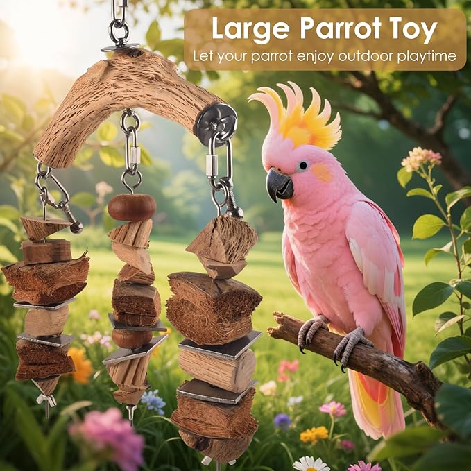 Bird Parrot Toys, Large Birds Wooden Chew Blocks with Stainless Steel Cage Hanging Bite Toy for Macaws, African Greys, Cokatoos, Amazon Parrots and Small Medium Parakeets-Mewly Pet