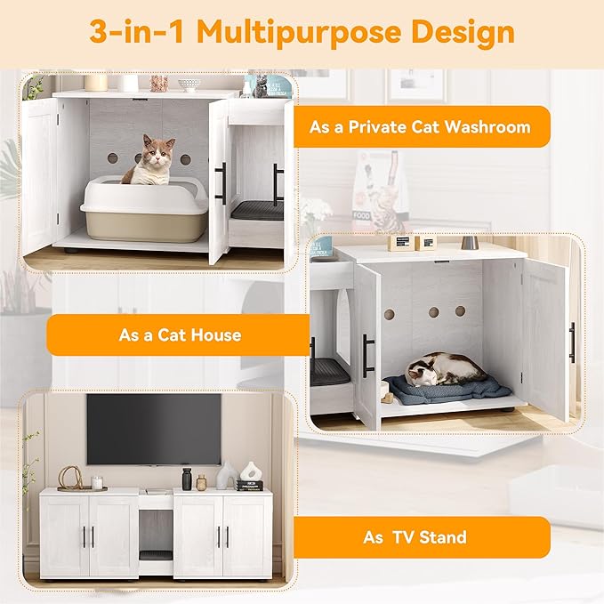 Gaomon Litter Box Enclosure with Double Cage, Cat House,Hidden Litter Box Enclosure Furniture for 2 Cats, Wooden Enclosed Cat Litter Box Furniture,55”L x 17.7”W x 22.5”H,White-Mewly Pet