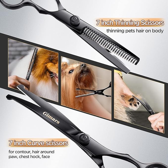 Gimars 7inch Professional 4CR Stainless Steel 6 in 1 Grooming Scissors for Dogs with Safety Round Tip, Heavy Duty Titanium Coated Pet Grooming Scissor for Dogs, Cats and Other Animals-Mewly Pet