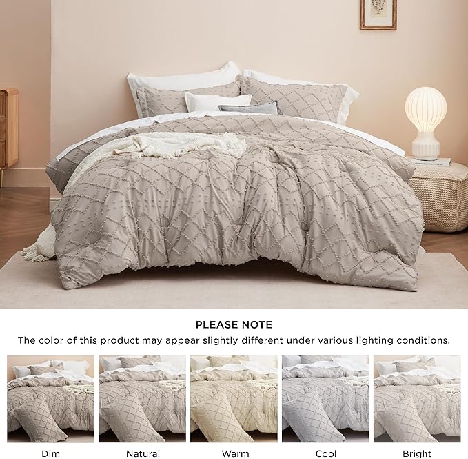 Bedsure Queen Comforter Set - Linen Comforter, Boho Tufted Shabby Chic Bedding for Kids, 3 Pieces Vintage Farmhouse Bed Set for All Seasons, Fluffy Soft Bedding with 2 Pillow Shams