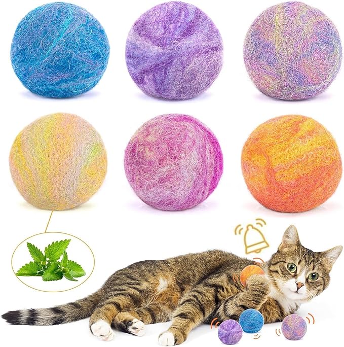 Retro Shaw Cat Toys Balls,Catnip Ball with Bell Inside,Wool Balls Toy with SilverVine Catnip Fill, Upgraded,Interactive Cat Nip Ball for Indoor Kitten Kitty 6 Pcs-Mewly Pet