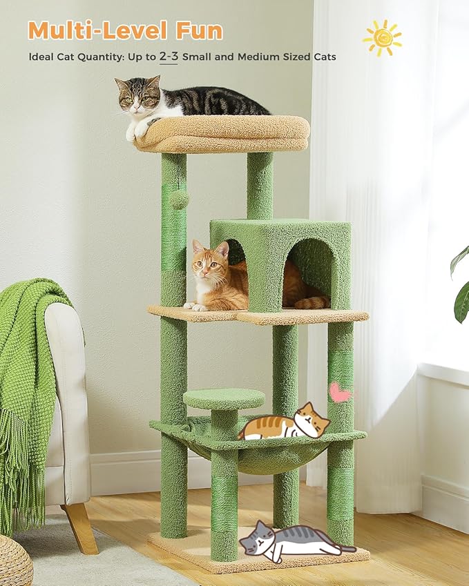 Cactus Cat Tree for Indoor Cats, 45.7" Multi-Level Cat Tower with Large Metal Frame Hammock, Cat Condo with 4 Scratching Posts and Top Perch, Green-Mewly Pet