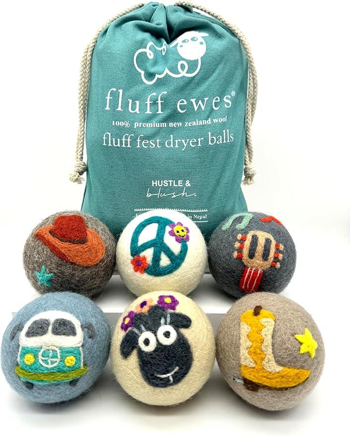 Fluff Ewes Wool Dryer Balls 6 Pack Premium New Zealand Wool Laundry Balls for Dryer, No Static Dryer Balls Laundry Reusable, XL Wool Dryer Balls Cute, Baby Dryer Balls for Dryers - Fluff Fest-Mewly Pet