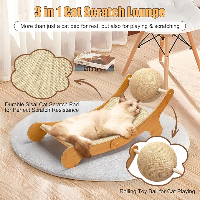 Outamateur Sisal Cat Scratcher Bed, Cat Hammock Chair, 3 in 1 Cats Scratcher Lounge, Cats Mini Beach Chair with Toy Ball, Pet Beds with Removable Sisal Pad for Indoor Small Animal, Puppy, Rabbit-Mewly Pet