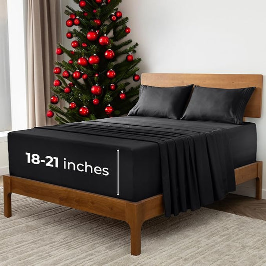 Mellanni Extra Deep Queen Sheets - 4 PC Iconic Collection Bedding - Hotel Luxury, Ultra Soft, Cooling Bed Sheets - Wrinkle, Fade, Stain Resistant (Queen, Black)