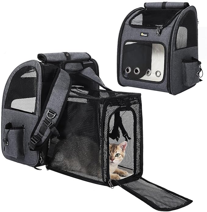 Hoopet Expandable Cat Backpack Carrier – Breathable Pet Carrier for Small Cats & Dogs, Foldable Travel Backpack with Mesh Ventilation for Hiking, Walking, Camping, Dark Grey-Mewly Pet