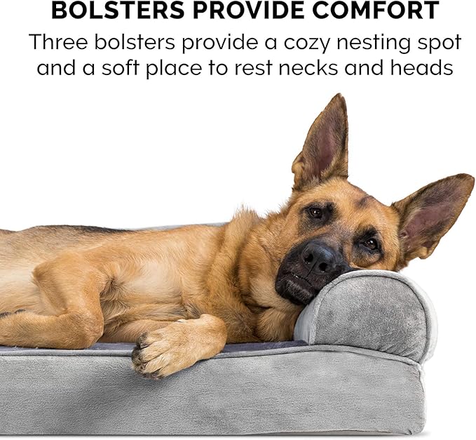 Furhaven Cooling Gel Dog Bed for Large Dogs w/ Removable Bolsters & Washable Cover, For Dogs Up to 95 lbs - Faux Fur & Velvet Sofa - Smoke Gray, Jumbo/XL-Mewly Pet